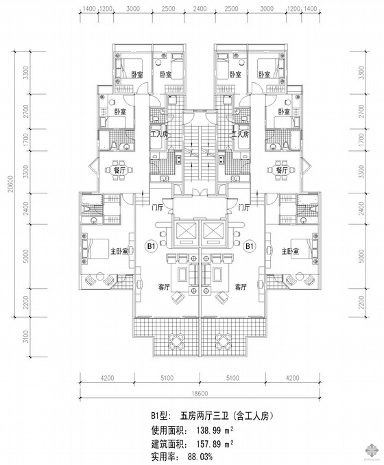 6层一梯两户四房两厅资料下载-板式高层一梯两户五房两厅三卫户型图(139/139)