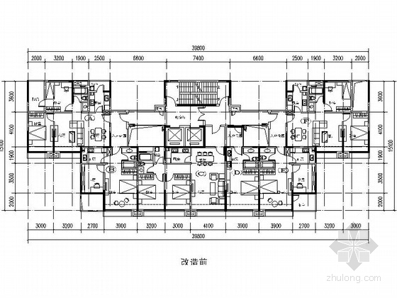 四房一厅图纸资料下载-[万科户型]一核六户高层住宅户型图（404平方米）