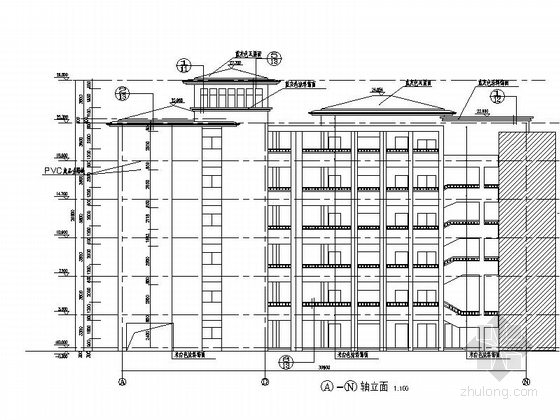 [江苏]六层框架结构瓦屋面县级中学教学综合楼建筑施工图-六层框架结构瓦屋面县级中学教学综合楼建筑立面图