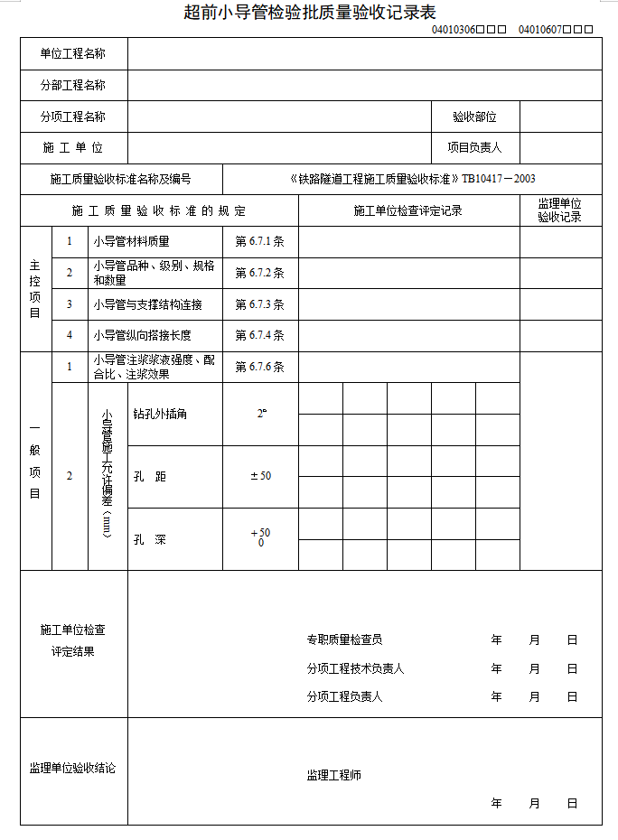 铁路工程监理验收标准应用指南（隧道表，81页）-超前小导管检验批质量验收记录表