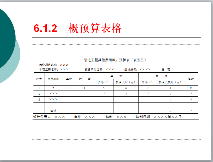 通信工程概预算-第6章-概预算文件的组成及编制实例-概预算表格