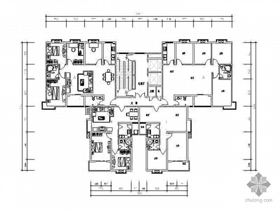 一梯四户剪刀梯住宅CAD资料下载-塔式高层一梯四北梯户型图（139/89）