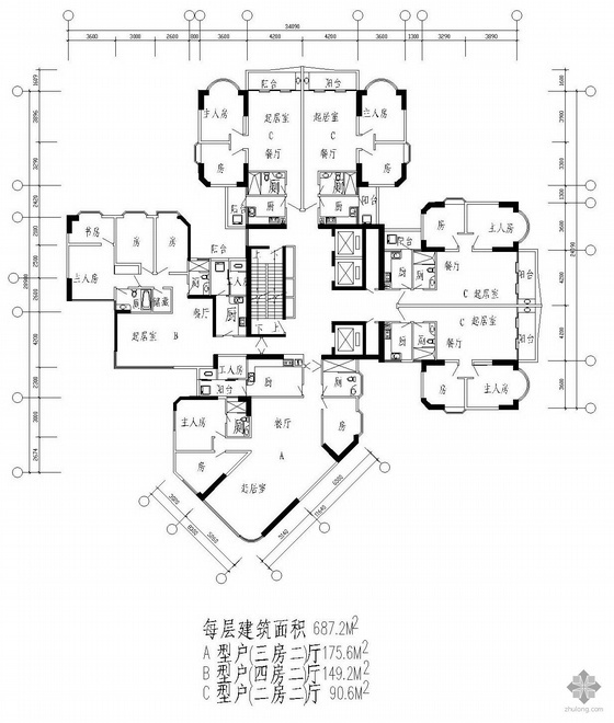 高层一核三户户型图资料下载-塔式高层一梯三户户型图(176/149/91)