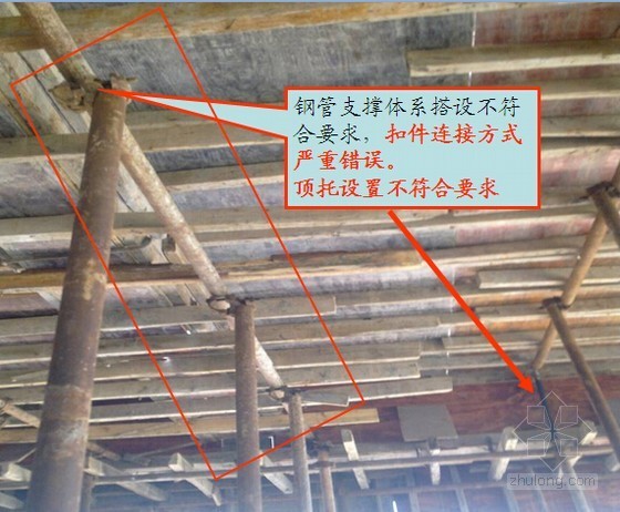 房建施工脚手架支架构造安全质量问题详细讲解（附图丰富）-扣件连接方式严重错误 