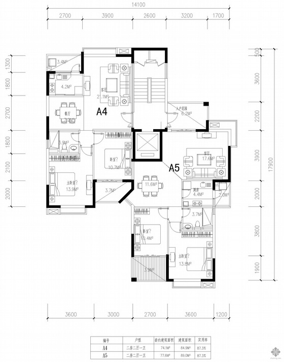 高层小户型住宅户型图板式资料下载-塔式高层一梯两户户型图(85/89)