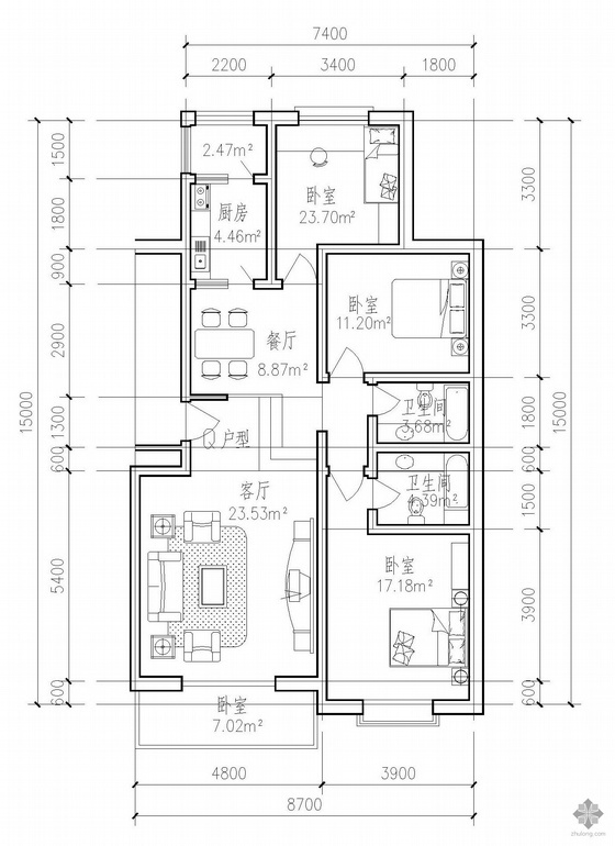 一梯两户型多层住宅平面图资料下载-板式多层一梯两户户Q户型图(137)