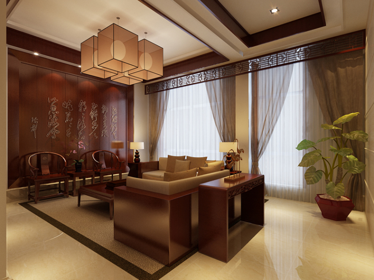 中式客餐厅3D模型资料下载-现代中式客餐厅3D模型下载