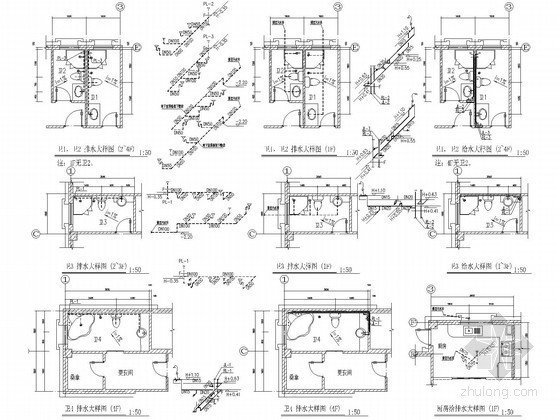 [江西]高级别墅给排水及消防系统施工图-卫生间给排水大样图 