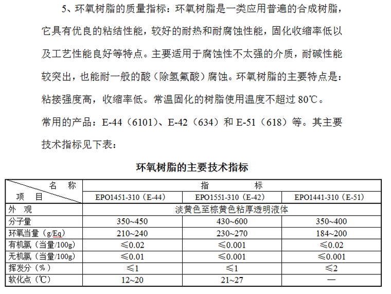 水池防腐施工组织设计方案（Word.10页）-环氧树脂的质量指标