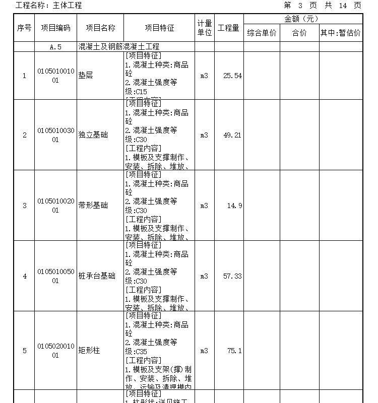 [重庆]文化街还房建设项目工程预算-分部分项工程量清单计价表（主体工程）