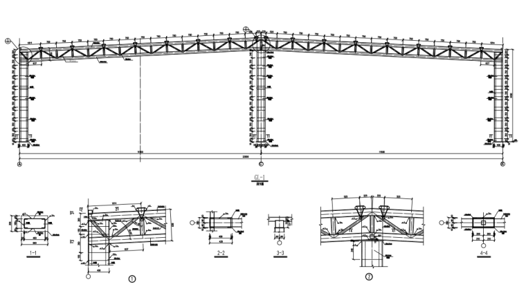 圆拱形管桁架施工图纸资料下载-两跨钢桁架结构超市结构施工图（CAD，8张）