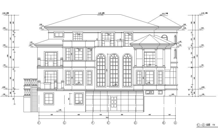 三层独栋别墅建筑施工图设计-立面图一
