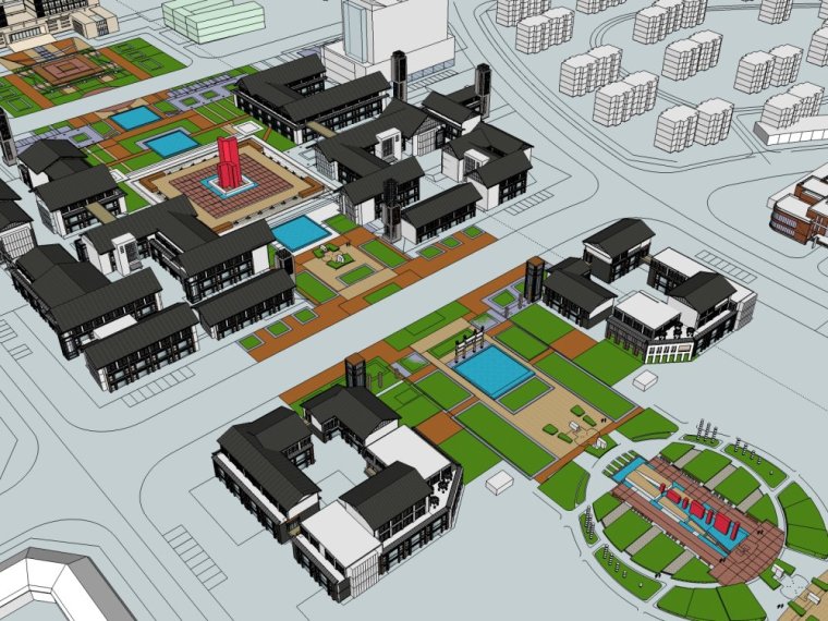 新中式商业街CAD资料下载-东方新古典4层中式旅游建筑商业街（su模型）