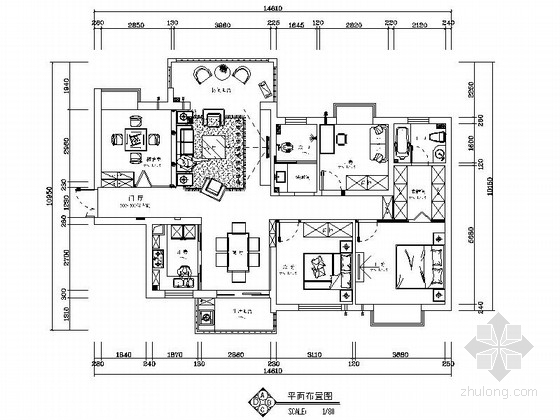 95平三室两厅平面图资料下载-[湖南]某146平四室两厅欧式风格样板间施工图（含效果）