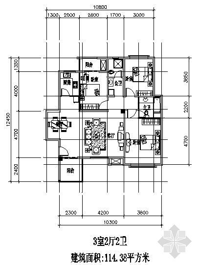 三室两厅两卫户型图装修资料下载-三室两厅一厨两卫114.38平方米