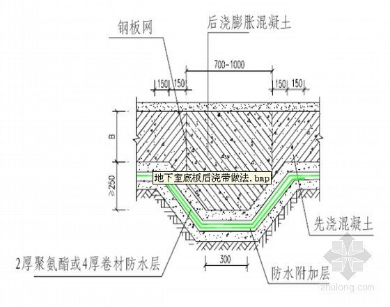 [重庆]建筑工程防水层防水节点标准做法（附节点图）-地下室底板后浇带防水做法 