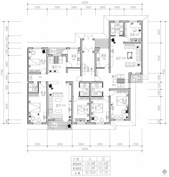 18层板式住宅户型图资料下载-板式多层一梯两户户型图(139/132)