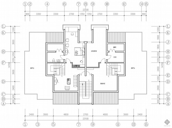 板式多层一梯二户四室二厅三卫有跃层户型图(152/152)-3