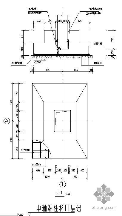 高杯口基础计算资料下载-某中轴端柱杯口独立基础节点构造详图