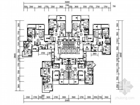 二层住宅cad平面图资料下载-高层住宅一梯六户标准层平面图（78-87平方米）