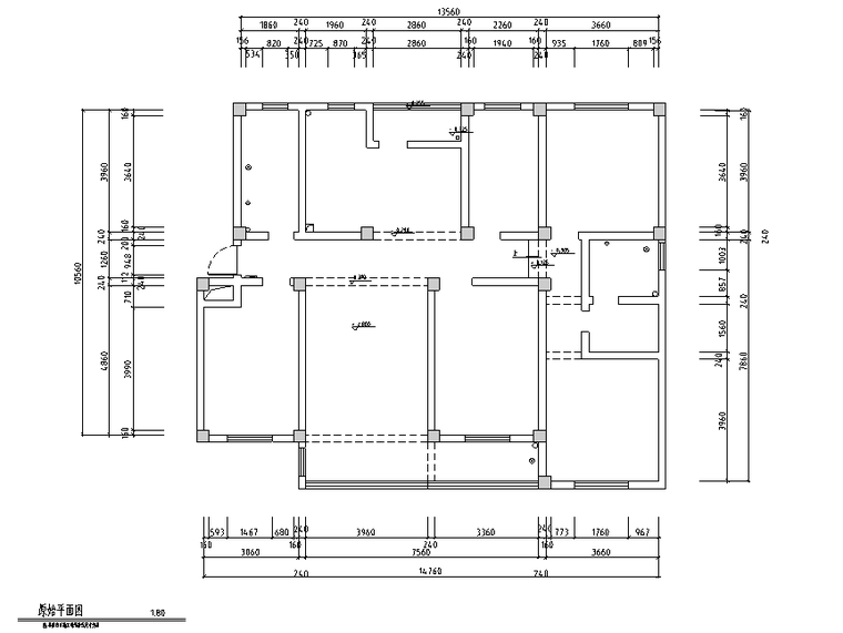 [江苏]美式新古典风格200平四居室住宅设计施工图（附效果图）-原始平面图