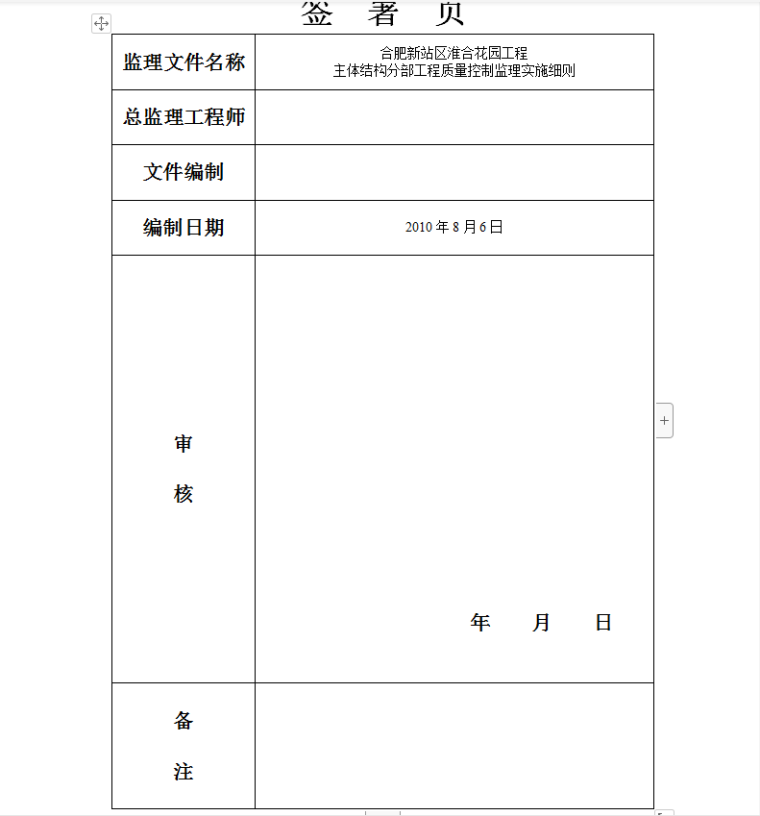 合肥新站区淮合花园工程主体结构分部工程质量控制监理实施细则-签署页