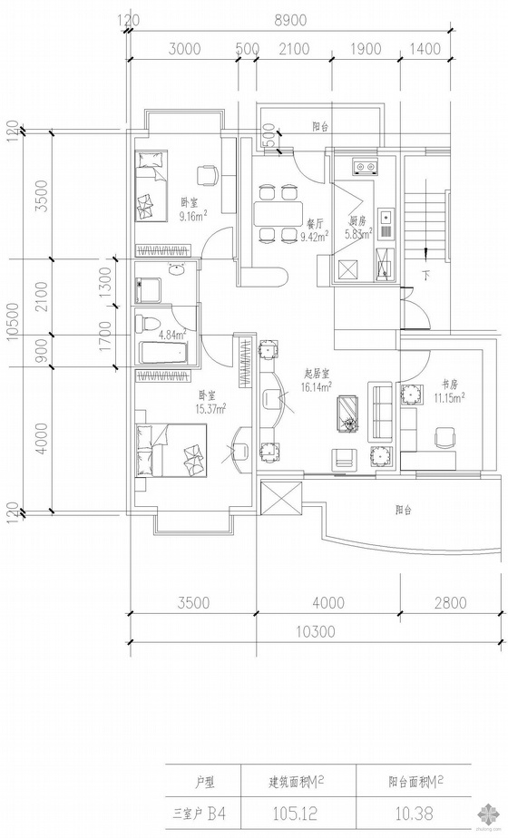户型图三室一厅资料下载-板式高层三室一厅单户户型图(105)