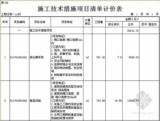 [重庆]村镇文化活动中心建筑工程预算书(含施工图纸)-施工技术措施项目清单计价表 