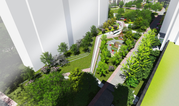 [江苏]极简折线型现代商住豪宅社区景观设计方案-景观鸟瞰效果图