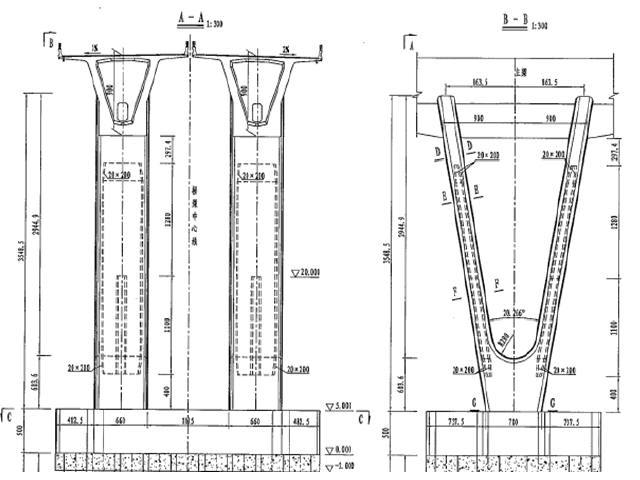海域大桥C55、C45混凝土V型墩（33×21×5）m超大承台施工技术方案153页-V墩墩身构造
