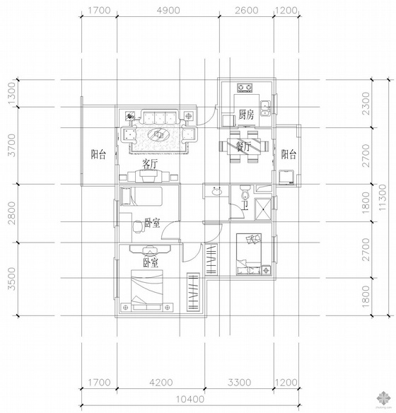 板式高层两室一卫户型图资料下载-板式多层单户二室二厅一卫户型图(91)