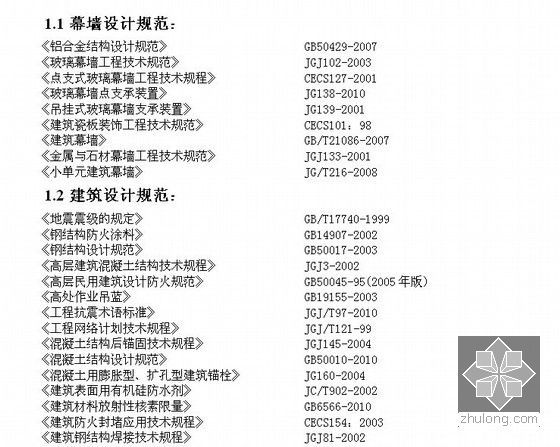 [浙江]2013年大型城市综合体玻璃、石材幕墙工程量清单及详细计算书（计算书78页+CAD102张）-计算引用的规范、标准及资料