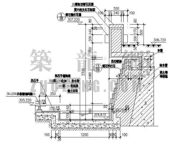 景墙跌水施工详图资料下载-跌水景墙剖面详图