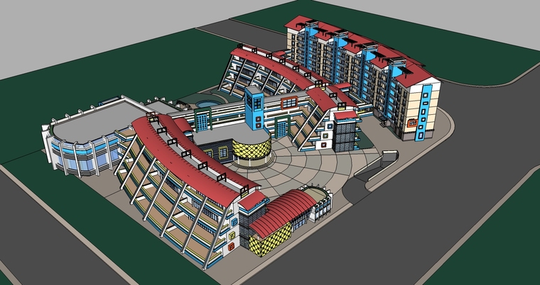 徽派建筑商业街su模型资料下载-现代风格小学建筑设计SU模型