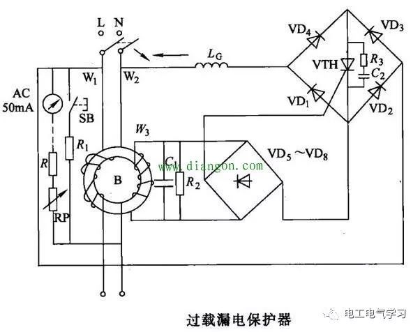 晶闸管驱动资料下载-漏电保护器过载保护电路原理图解