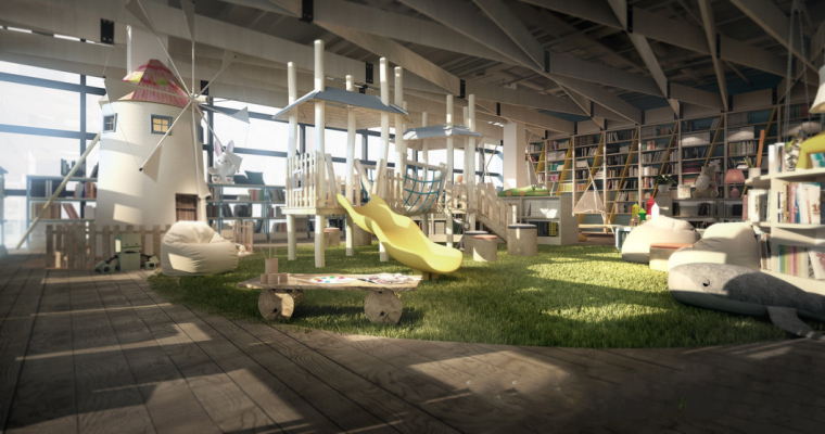 荷兰风车su模型资料下载-大型儿童主题图书馆室内3D模型