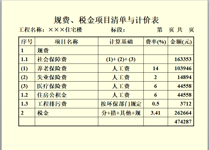 建筑工程量清单编制-规费、税金项目清单与计价表