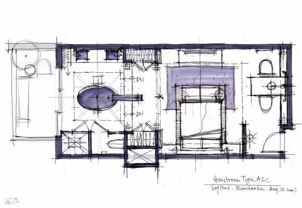 200平室内设计施工图资料下载-室内设计|手绘酒店客房设计！
