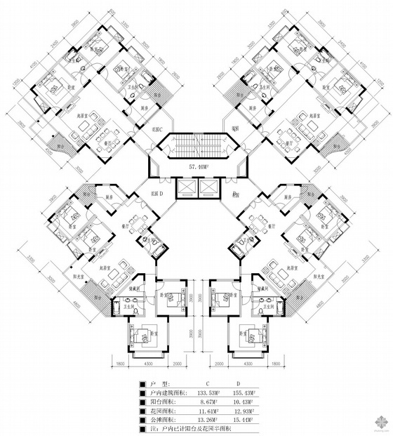 板式高层户型134资料下载-塔式高层一梯四户户型图(134/134/155/155)