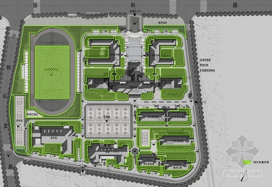 [浙江]新古典主义风格中学校区规划设计方案文本-校园规划分析图