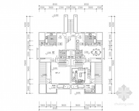 15层两梯三户户型平面资料下载-[北京]某五层叠拼别墅户型平面图（170、190平方米）
