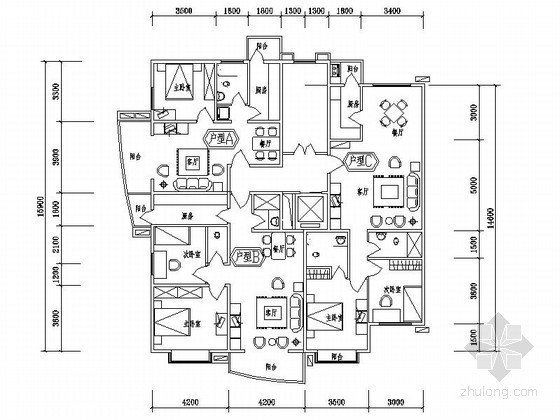 18层一梯三户住宅效果图资料下载-某住宅区一梯三户端头户型平面图