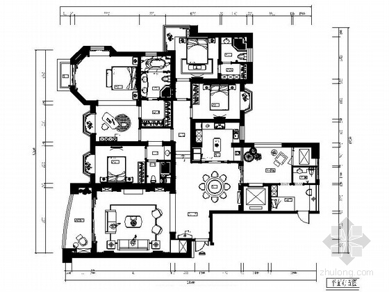 简欧风格卧室cad资料下载-精品名城豪宅简欧风格五居室样板间CAD装修施工图（含效果）