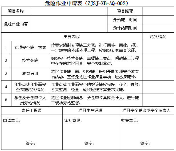 建设项目管理标准化手册（214页）-危险作业申请表