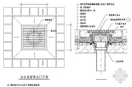 屋面构造示意图资料下载-泊车屋面雨水口节点构造示意图