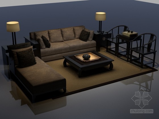 茶几中式cad资料下载-儒雅中式沙发茶几3D模型下载