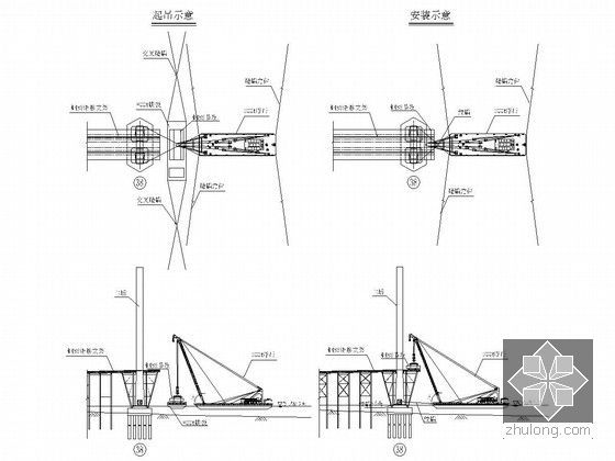 [辽宁]大跨度双塔双索面钢箱梁斜拉桥施工组织设计（133页 附CAD图）-边跨钢梁吊装步骤及浮吊站位示意图