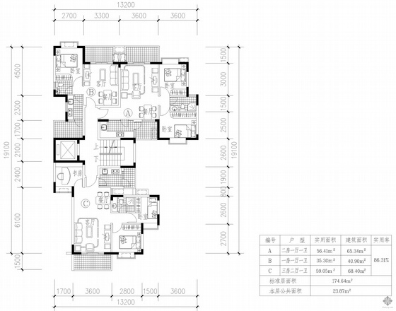 高层小户型住宅户型图板式资料下载-塔式高层一梯三户户型图(65/41/68)
