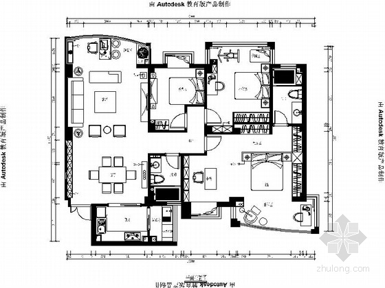 家装户型设计资料下载-[青岛]三居室新潮大气家装施工图（含效果图）