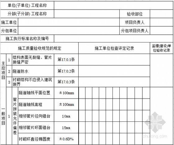 [广东]地铁工程土建施工统一用表753张（含检验批验收表）-成型盾构隧道检验批质量验收记录表